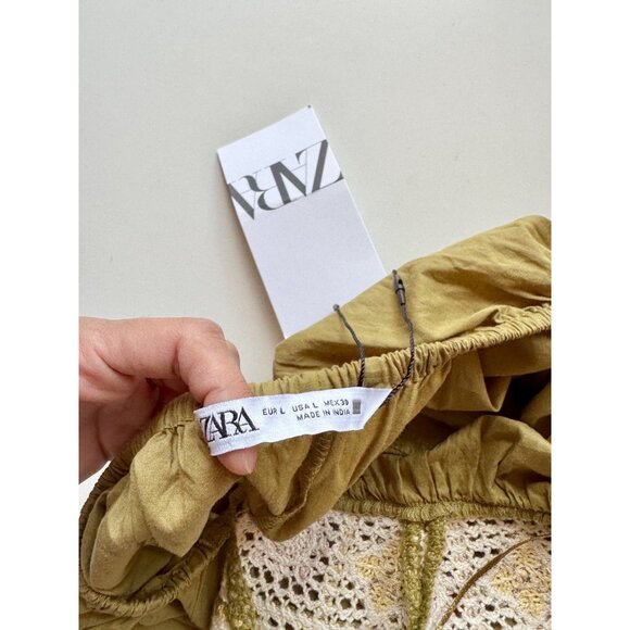 NWT ZARA Olive Green Beaded Cotton Crochet Halter Maxi Dress, Size L - Picture 12 of 16